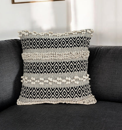 18" Beige and Black Cotton Throw Pillow With Embroidery