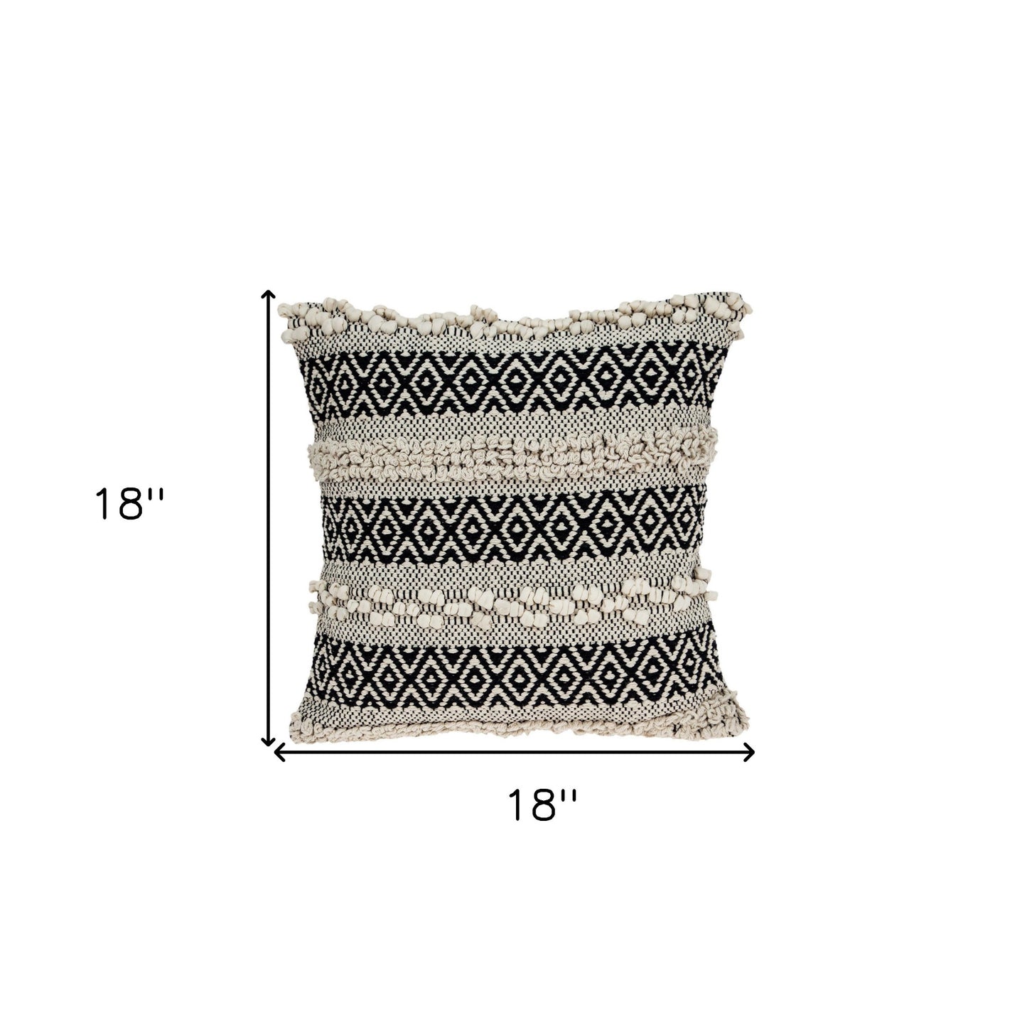 18" Beige and Black Cotton Throw Pillow With Embroidery