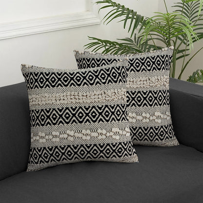 18" Beige and Black Cotton Throw Pillow With Embroidery