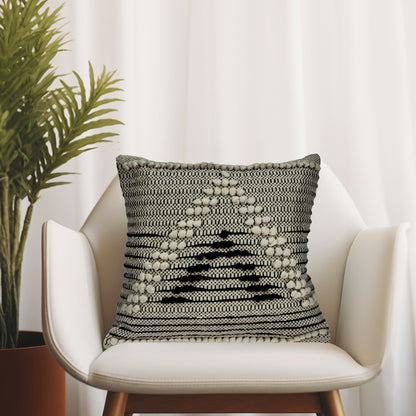 18" Beige and Black Cotton Throw Pillow With Embroidery