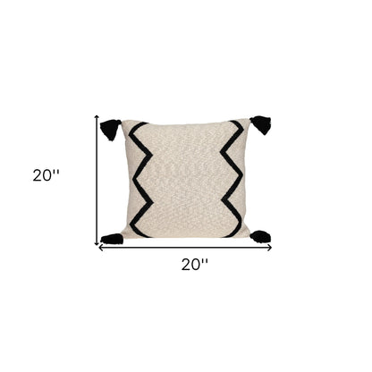 20" x 20" Black and Cream Zigzag Pattern Square Accent Throw Pillow with Tassel