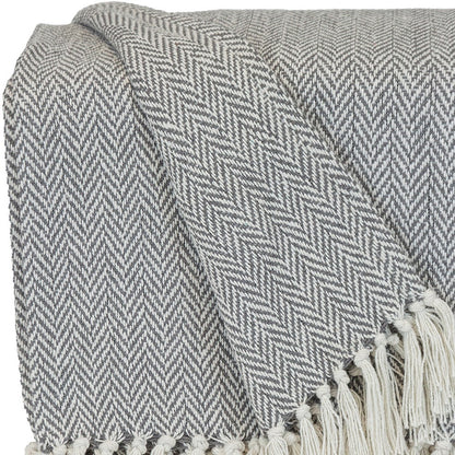 Handloomed Light Gray Cotton Throw Blanket with Tassels