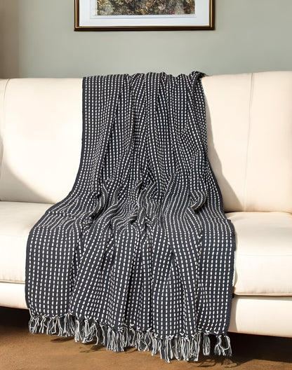 52" X 67" Black and White Woven Cotton Striped Throw Blanket with Tassels