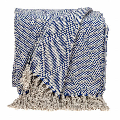 Blue and Beige Woven Handloom Throw with Tassels