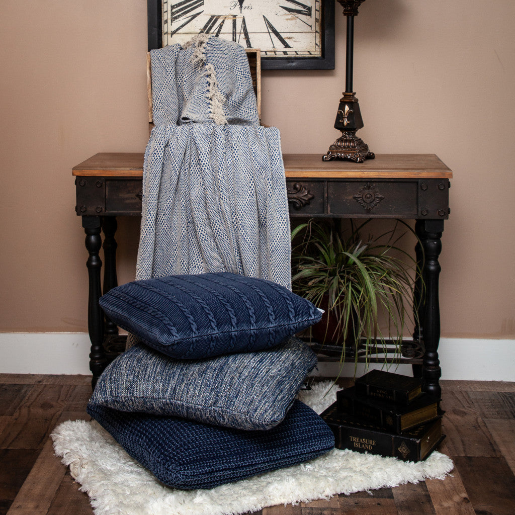 Blue and Beige Woven Handloom Throw with Tassels