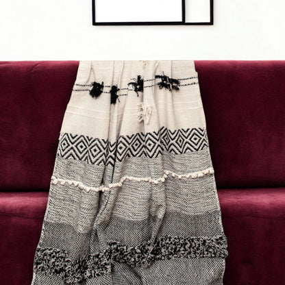 Boho Beige and Black Handloom Weave Throw with Decorative Tassels