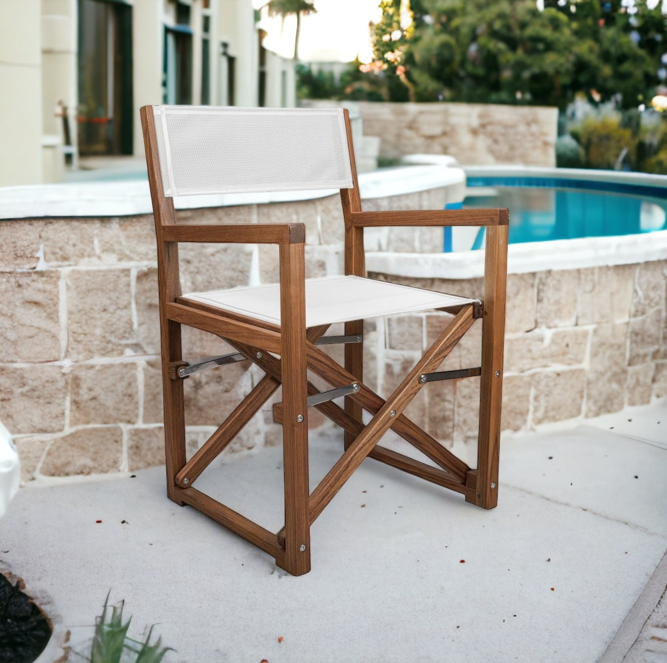 23" White and Natural Wood Solid Wood Indoor Outdoor Director Chair