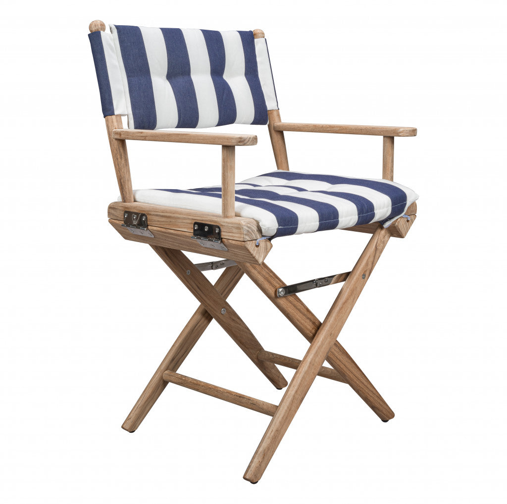 23" Blue and White and Natural Wood Solid Wood Indoor Outdoor Director Chair with Blue and White Cushion