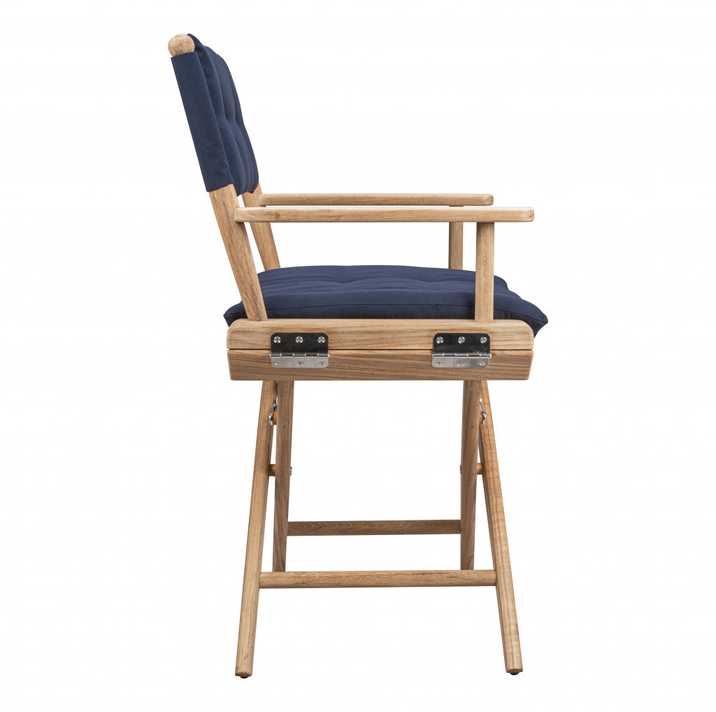 Navy Blue And Brown Solid Wood Director Chair With Navy Blue Cushion