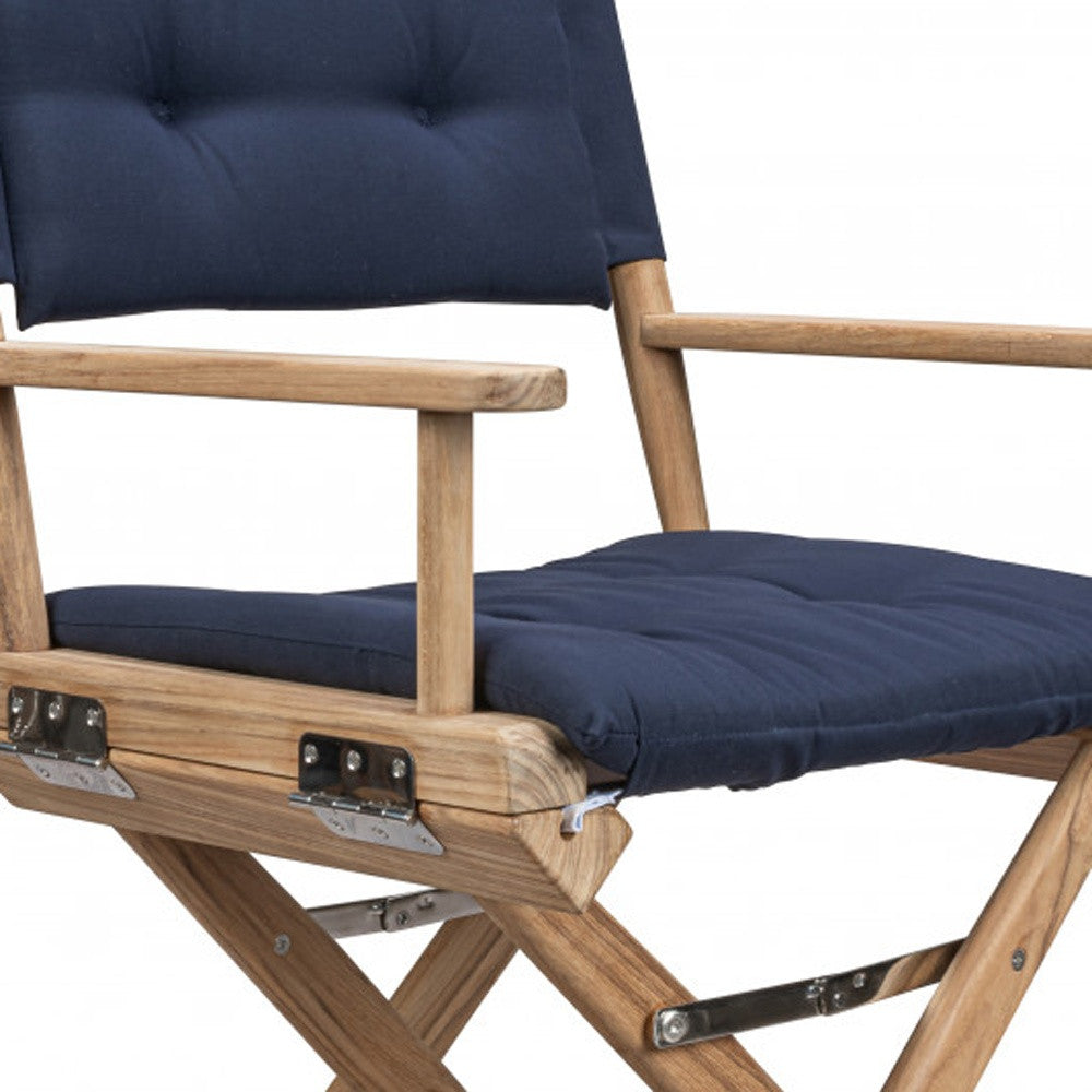 Navy Blue And Brown Solid Wood Director Chair With Navy Blue Cushion