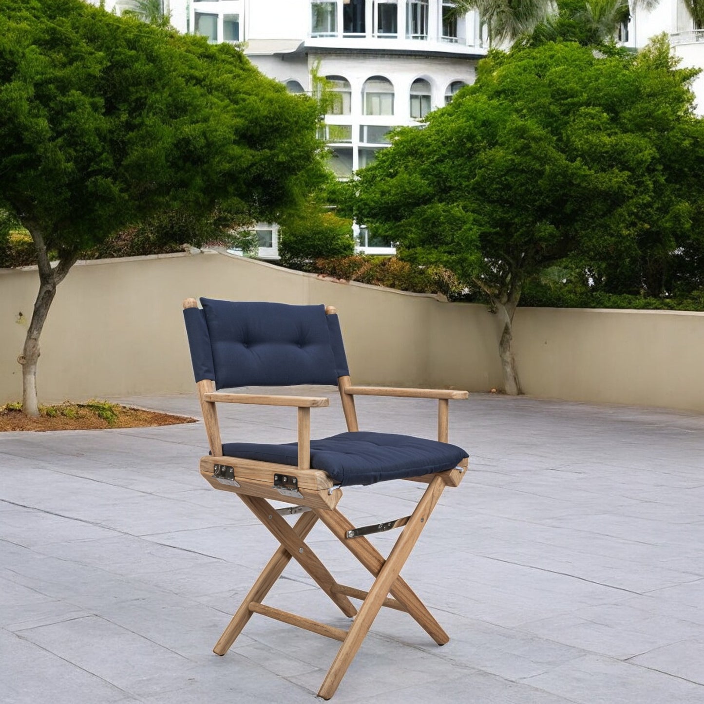 Navy Blue And Brown Solid Wood Director Chair With Navy Blue Cushion