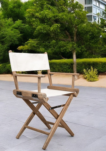 23" Brown and Ivory and Natural Wood Solid Wood Indoor Outdoor Director Chair