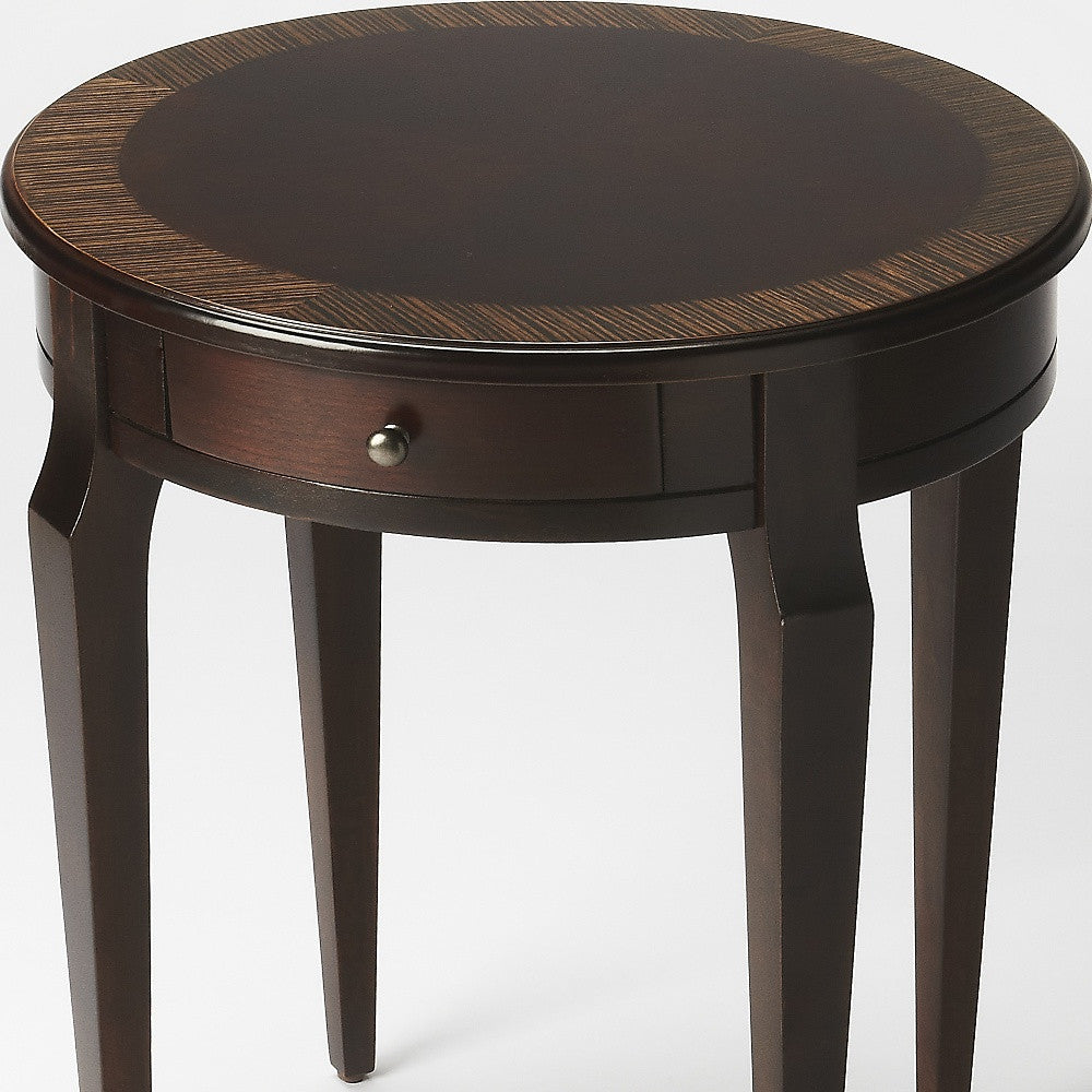 24" Dark Brown Wood And Wood Round End Table With Drawer