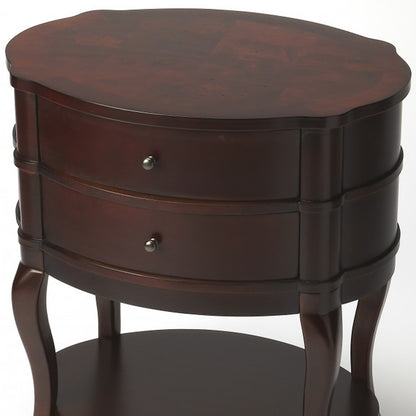 26" Dark Brown And Cherry Solid And Manufactured Wood Oval End Table With Two Drawers And Shelf