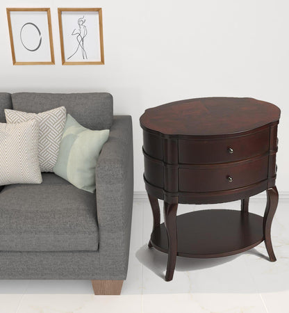 26" Dark Brown And Cherry Solid And Manufactured Wood Oval End Table With Two Drawers And Shelf