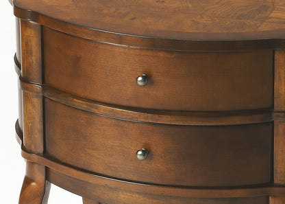 26" Medium Brown And Umber Solid And Manufactured Wood Oval End Table With Two Drawers And Shelf