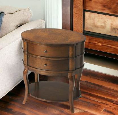 26" Medium Brown And Umber Solid And Manufactured Wood Oval End Table With Two Drawers And Shelf