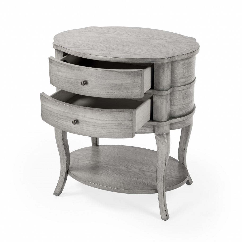 26" Gray Wood Oval End Table With Two Drawers And Shelf