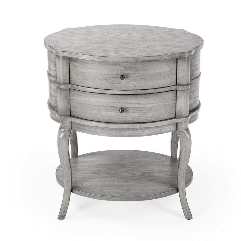 26" Gray Wood Oval End Table With Two Drawers And Shelf