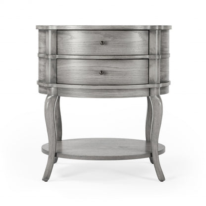 26" Gray Wood Oval End Table With Two Drawers And Shelf