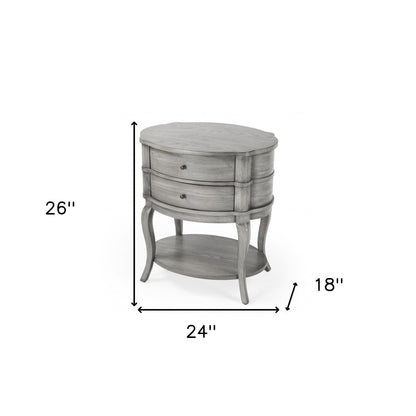 26" Gray Wood Oval End Table With Two Drawers And Shelf