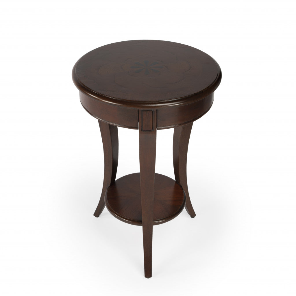 26" Dark Brown Wood And Wood Round End Table With Shelf