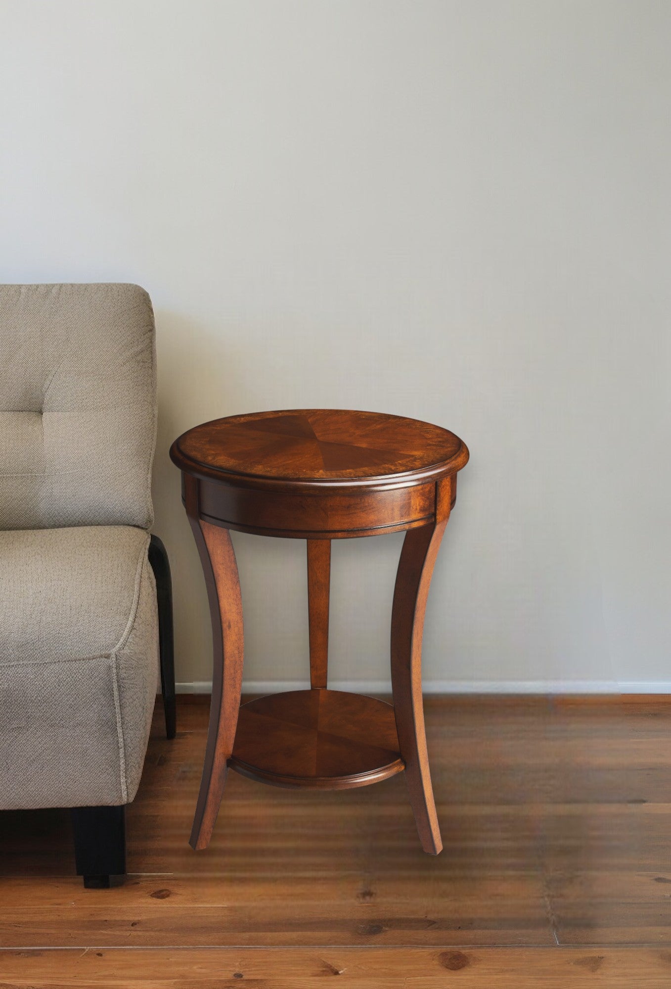 26" Brown Wood And Wood Round End Table With Shelf