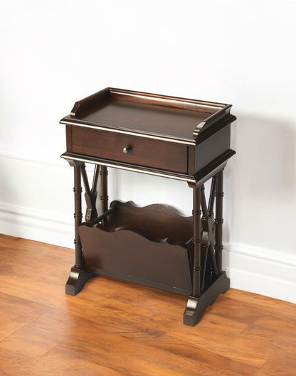 24" Dark Brown Solid and Manufactured Wood End Table With Drawer And Shelf With Magazine Holder