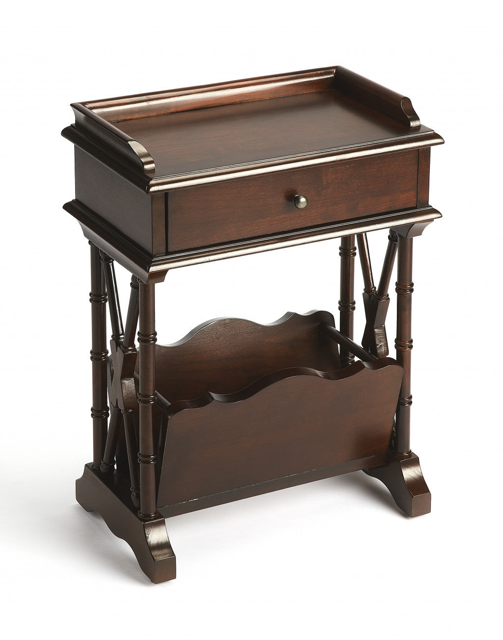 24" Dark Brown Solid and Manufactured Wood End Table With Drawer And Shelf With Magazine Holder