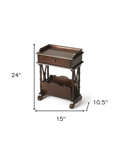 24" Dark Brown Solid and Manufactured Wood End Table With Drawer And Shelf With Magazine Holder