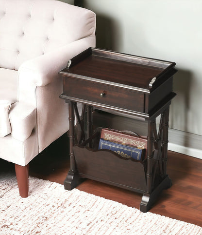 24" Black Solid and Manufactured Wood End Table With Drawer And Shelf With Magazine Holder