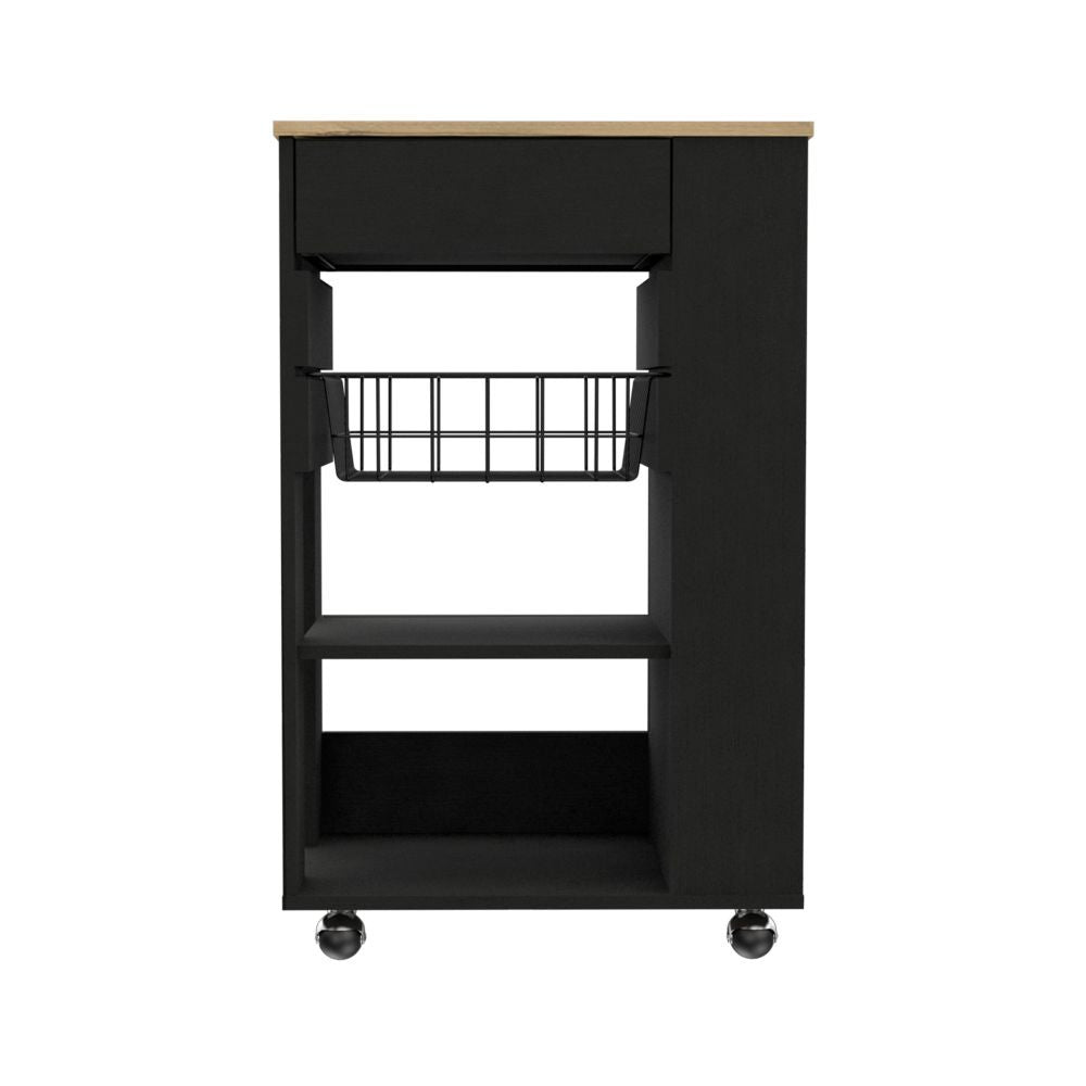 Sleek Black and Light Oak Portable Kitchen Cart