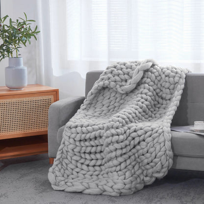 50" X 60" Light Gray Boho Chunky Knit  Throw Blanket