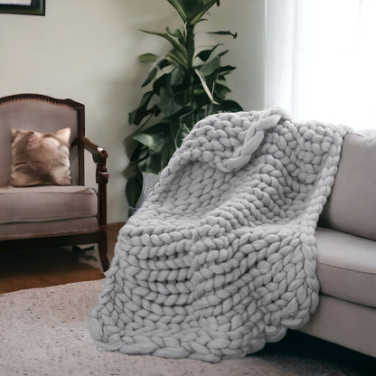 50" X 60" Light Gray Boho Chunky Knit  Throw Blanket