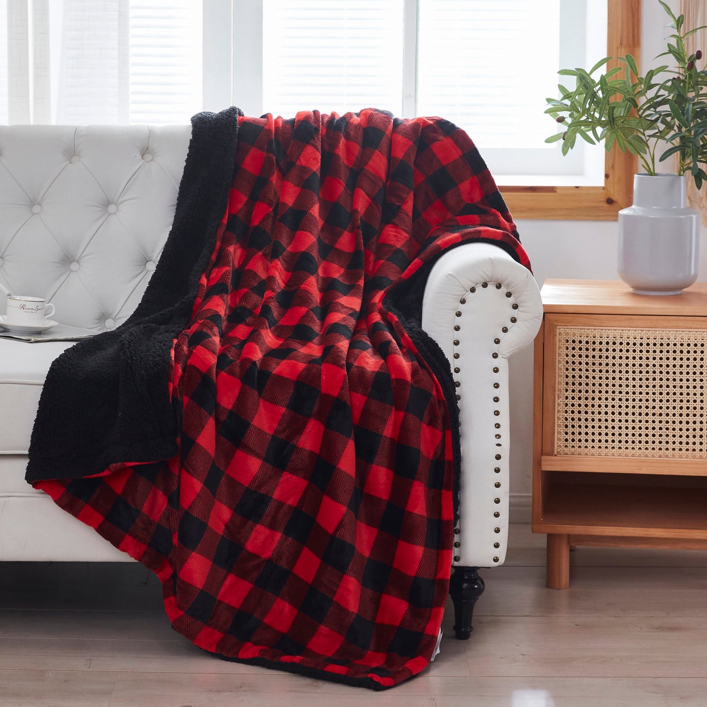 Buffalo Red Black Reversible Velvet and Sherpa Throw Blanket