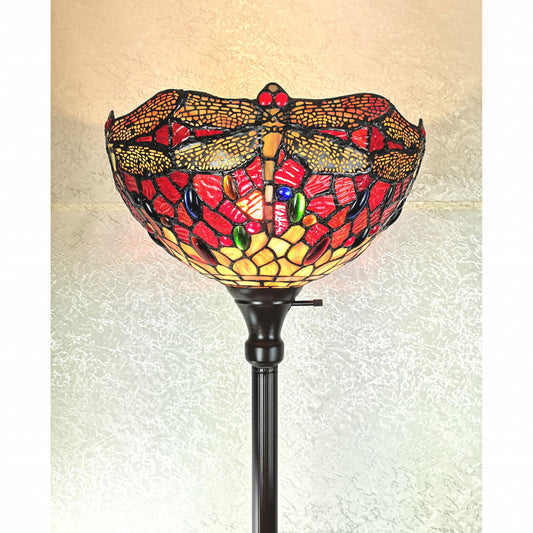 69" Brown Traditional Shaped Floor Lamp With Red Yellow And Brown Dragonfly Stained Glass Dome Shade