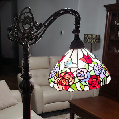 72" Brown Traditional Shaped Floor Lamp With White And Red Stained Glass Bowl Shade