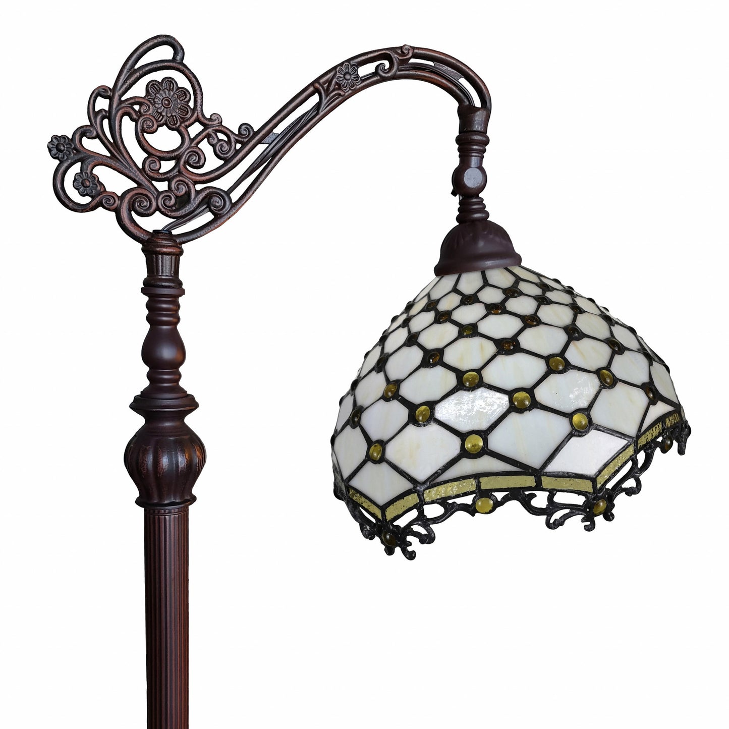 62" Brown Traditional Shaped Floor Lamp With White Tiffany Glass Bowl Shade