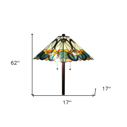 62" Brown Two Light Traditional Shaped Floor Lamp With Brown And Blue Stained Glass Cone Shade