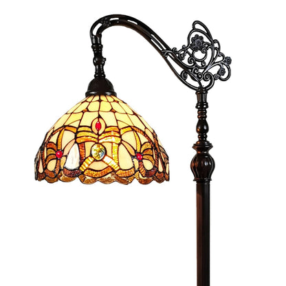 62" Brown Metal Arched Floor Lamp With Amber and Red Flowers Stained Glass Shade