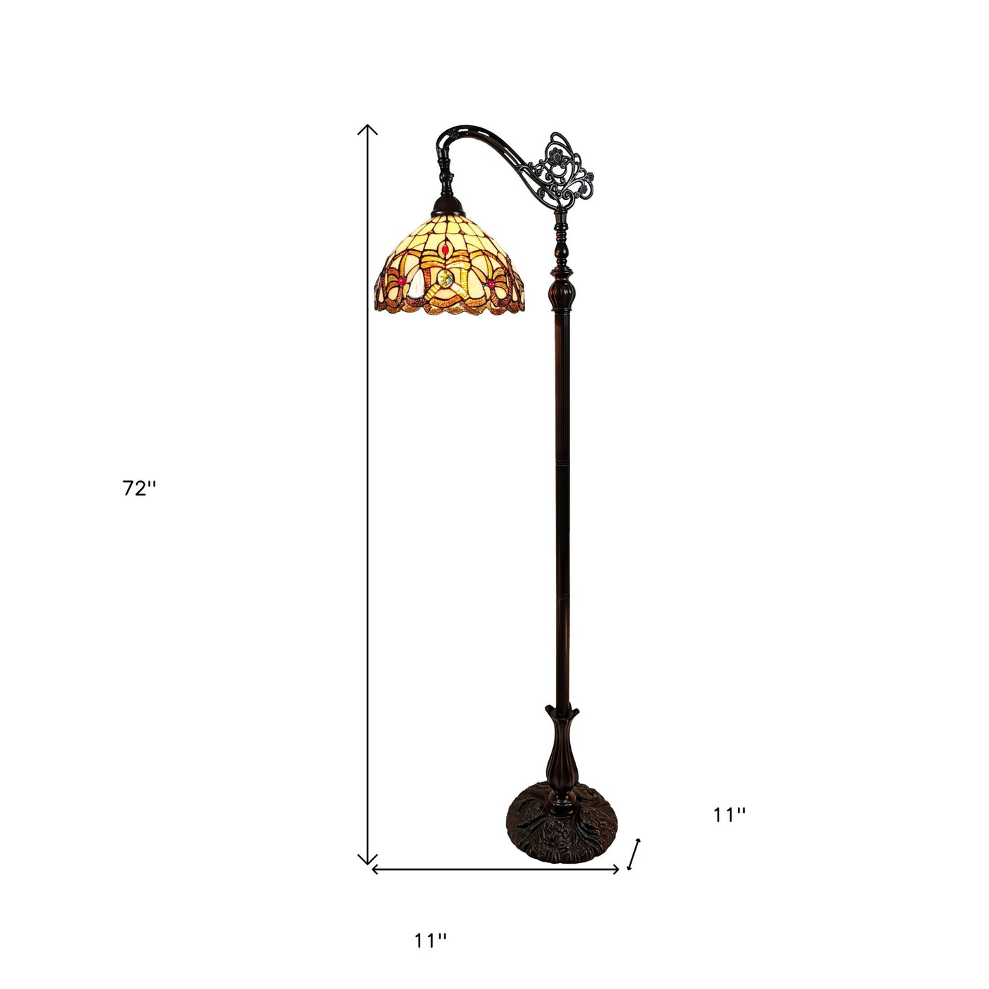 62" Brown Metal Arched Floor Lamp With Amber and Red Flowers Stained Glass Shade