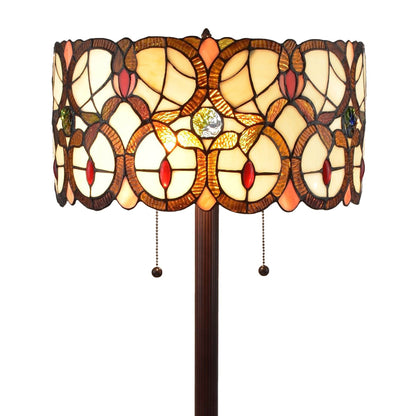 63" Brown Two Light Traditional Shaped Floor Lamp With Brown And White Stained Glass Drum Shade