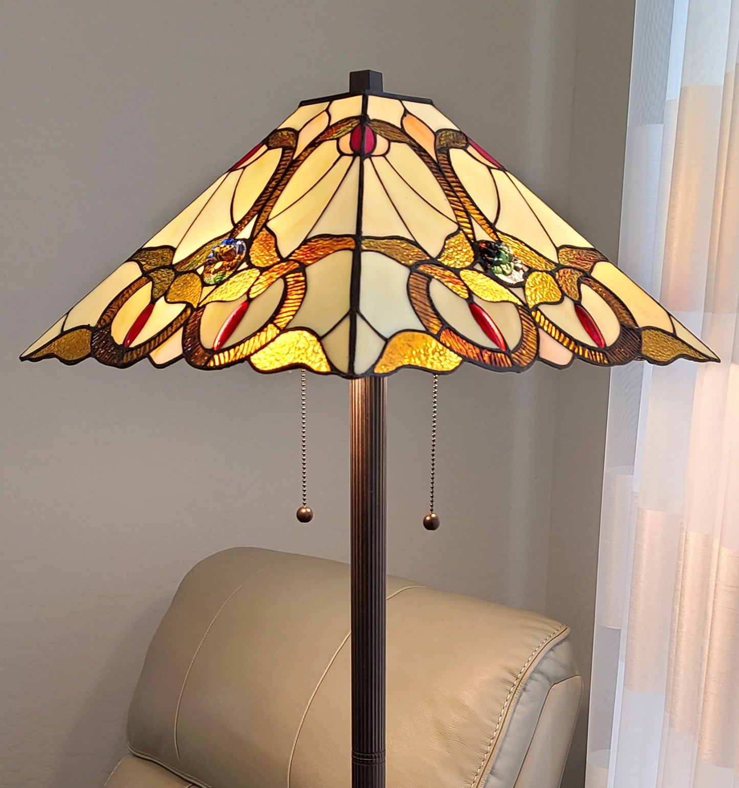 62" Brown Two Lights Traditional Shaped Floor Lamp With Brown And White Stained Glass Cone Shade