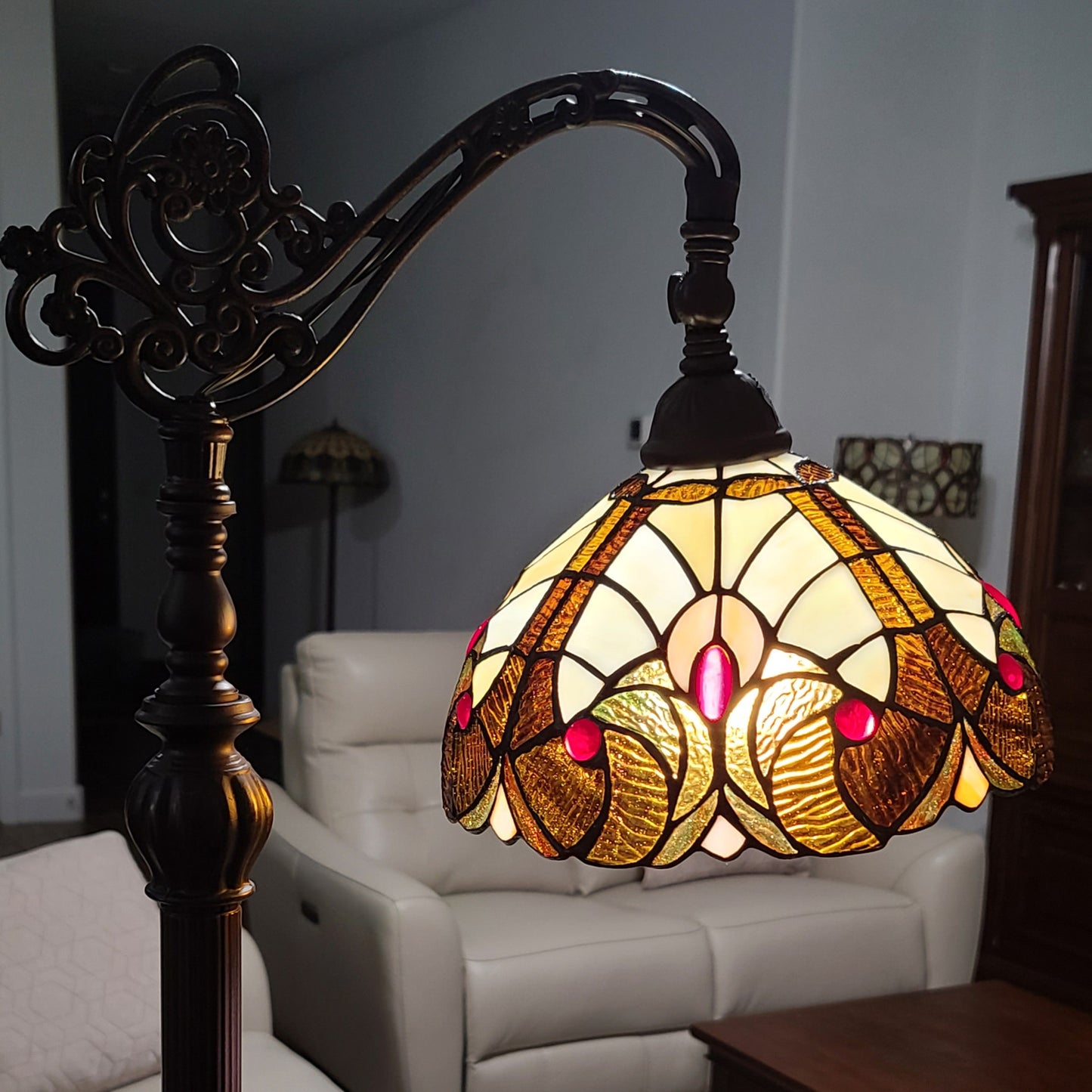 62" Brown Traditional Shaped Floor Lamp With Brown And Red Stained Glass Bowl Shade