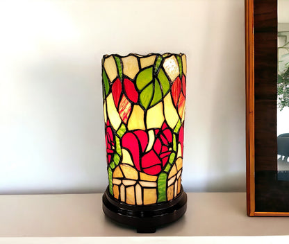 14" Red Green and Black Floral Stained Glass Accent Lamp