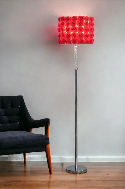 63" Steel and Acrylic Floor Lamp With Red Flowers Fabric Drum Shade