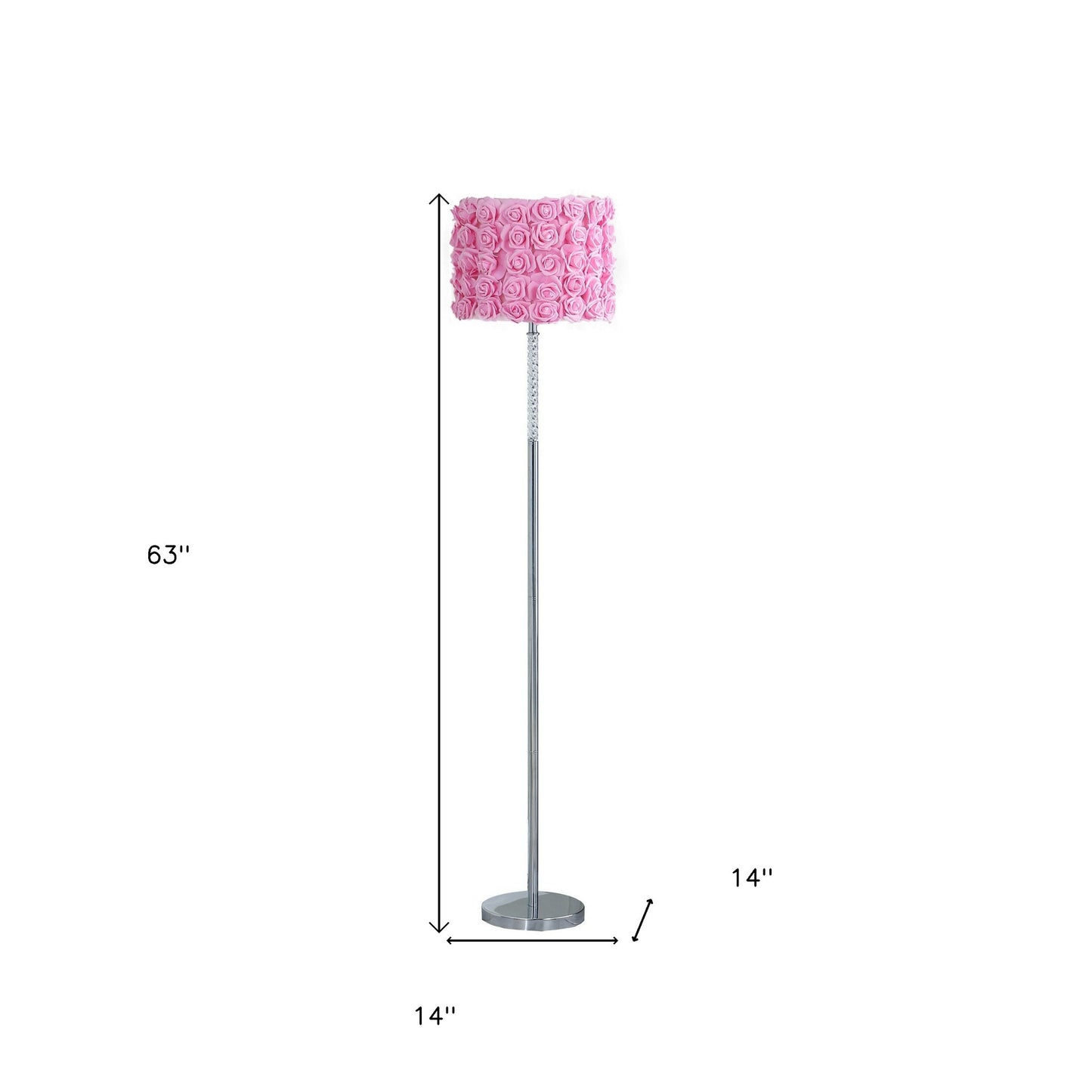 63" Steel and Acrylic Floor Lamp With Pink Flowers Fabric Drum Shade