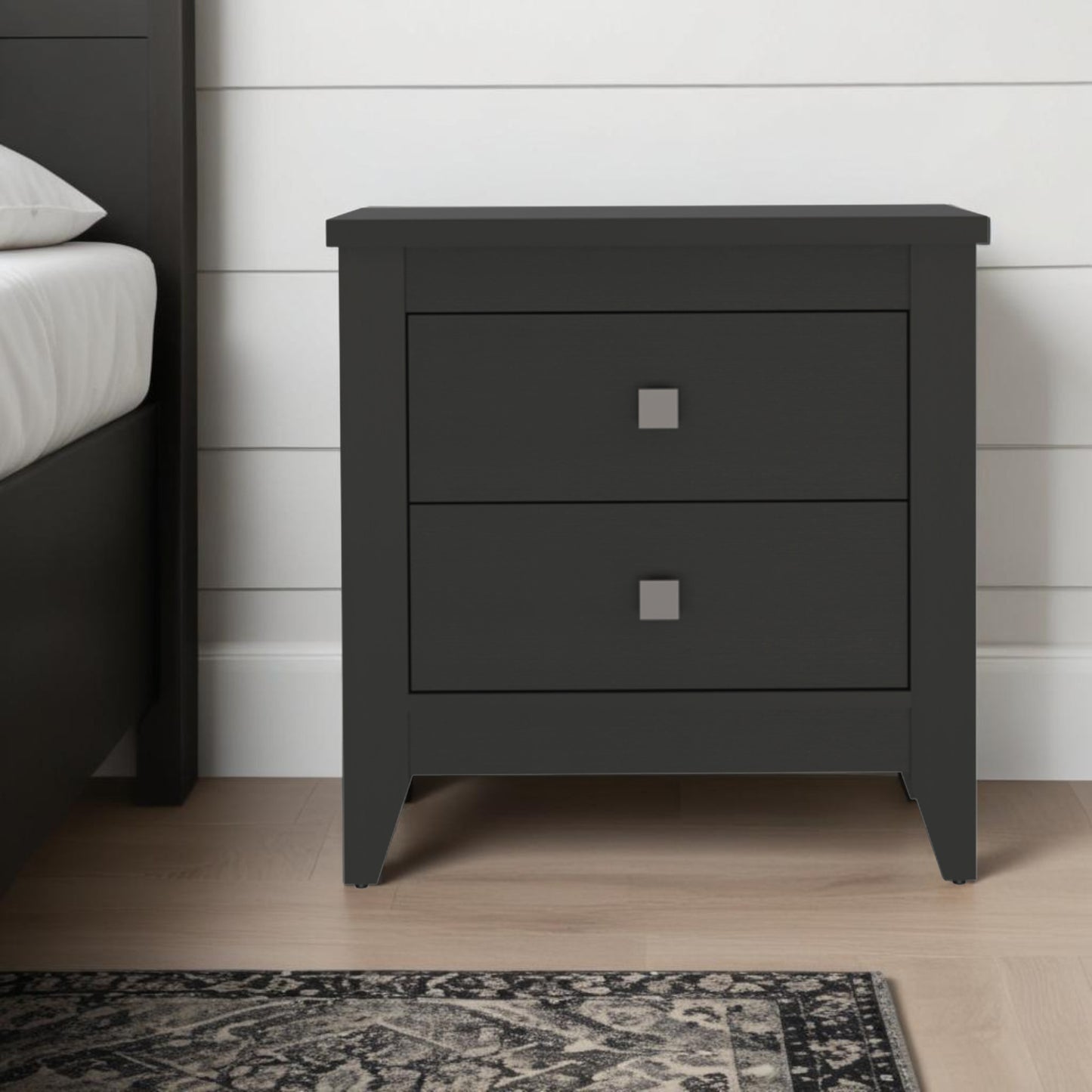 24" Black Two Drawer Faux Wood Nightstand