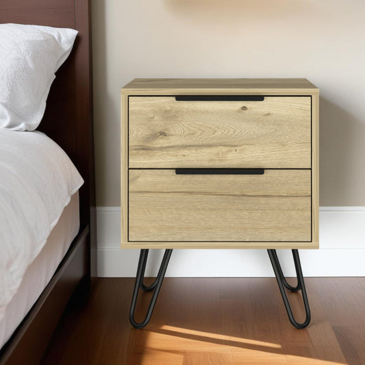 22" Oak Two Drawer Faux Wood Nightstand