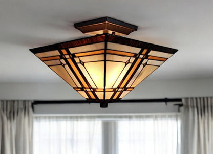 Brown and Amber Tiffany Style Mission Semi Flush Dimmable Ceiling Light